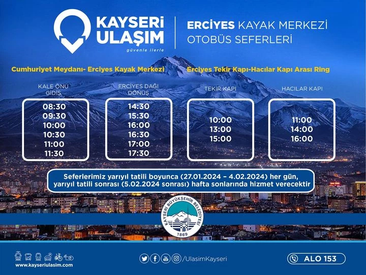 Büyükşehir’den Erciyes Otobüs Seferlerine Yarıyıl Tatili Düzenlemesi